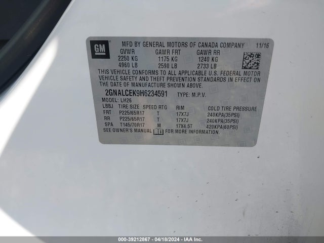 Chevrolet EQUINOX LT 2017 2GNALCEK9H6234591 Image 9