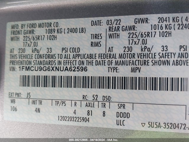 Ford ESCAPE SE 2022 1FMCU9G6XNUA62596 Image 9