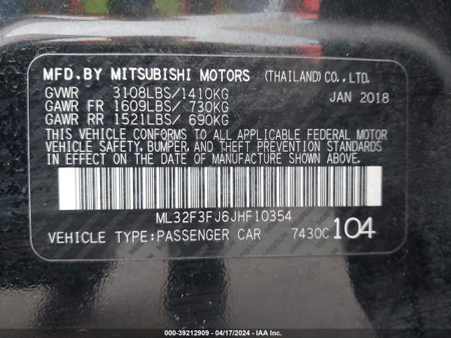 ML32F3FJ6JHF10354 Mitsubishi Mirage G4 Es