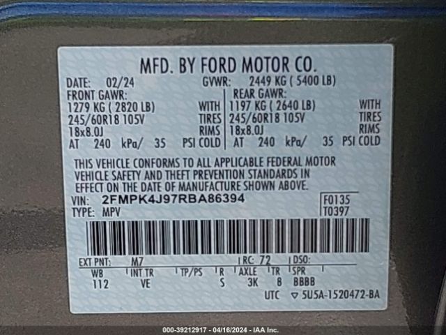 2FMPK4J97RBA86394 Ford EDGE SEL