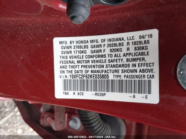 Honda Civic Lx 2019 19XFC2F62KE035805 Image 9
