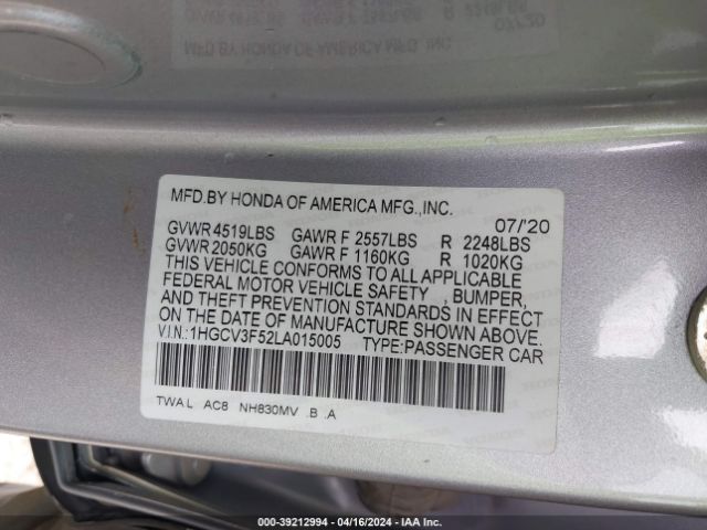 1HGCV3F52LA015005 Honda Accord Hybrid Ex-l