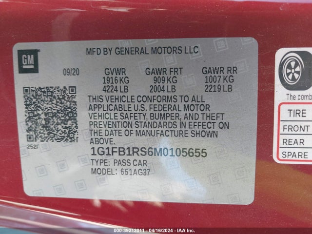 Chevrolet Camaro Rwd  1lt 2021 1G1FB1RS6M0105655 Image 9