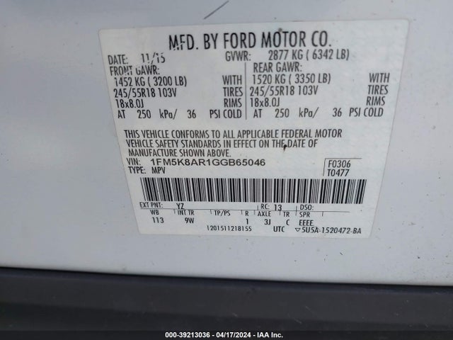 1FM5K8AR1GGB65046 Ford Utility Police Interceptor
