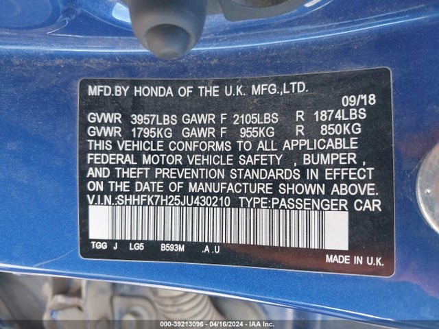 Honda Civic Lx 2018 SHHFK7H25JU430210 Image 9