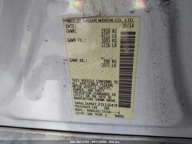 Nissan Altima 2.5 Sv 2015 1N4AL3AP6FC201049 Image 9