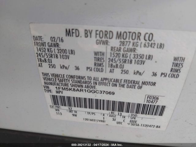 1FM5K8AR1GGC37069 Ford Utility Police Interceptor