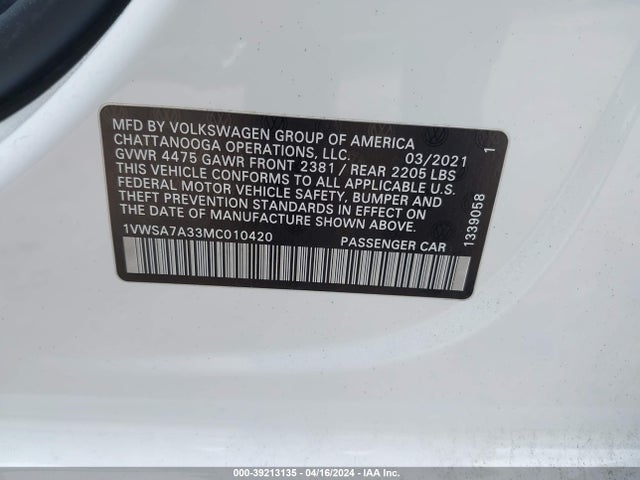 Volkswagen Passat 2.0t Se 2021 1VWSA7A33MC010420 Image 9