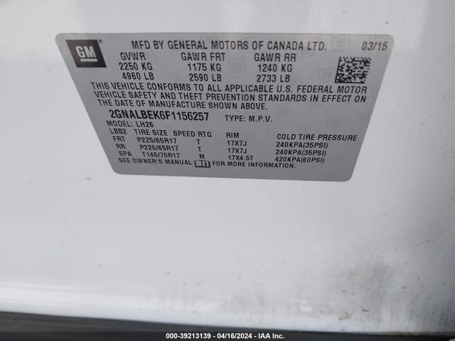 Chevrolet EQUINOX 1LT 2015 2GNALBEK6F1156257 Image 9