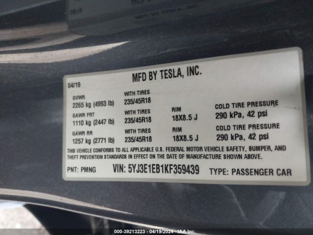 5YJ3E1EB1KF359439 Tesla Model 3 Long Range/performance