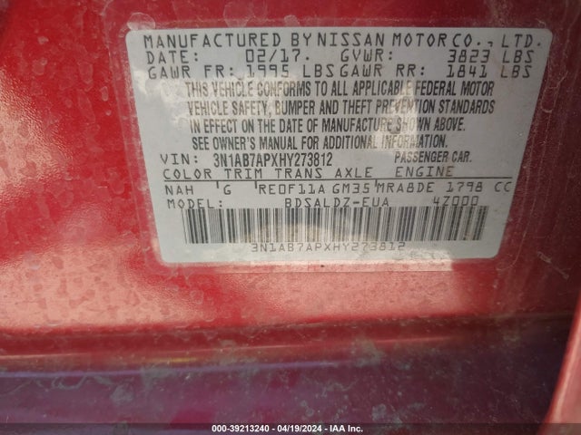 Nissan SENTRA SV 2017 3N1AB7APXHY273812 Image 9