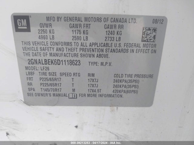 Продажа на аукционе авто 2013 Chevrolet Equinox Ls, vin: 2GNALBEK6D1118623, номер лота: 39213253