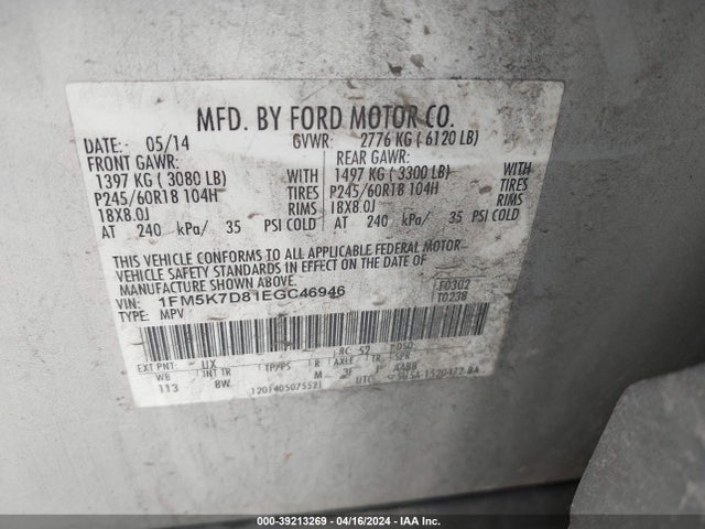 Ford EXPLORER XLT 2014 1FM5K7D81EGC46946 Image 9
