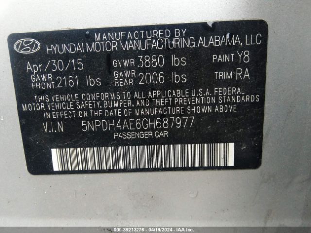 5NPDH4AE6GH687977 Hyundai ELANTRA SE