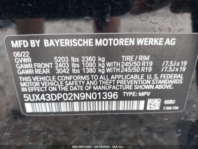5UX43DP02N9N01396 BMW X3 Sdrive30i