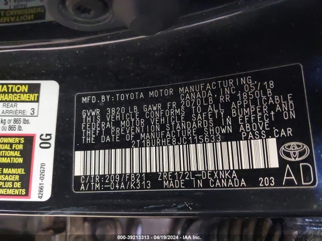 Toyota COROLLA LE 2018 2T1BURHE8JC115633 Image 9