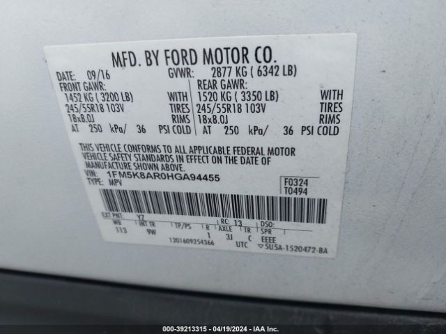 1FM5K8AR0HGA94455 Ford Utility Police Interceptor