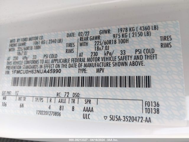 1FMCU0H63NUA45990 Ford ESCAPE SEL