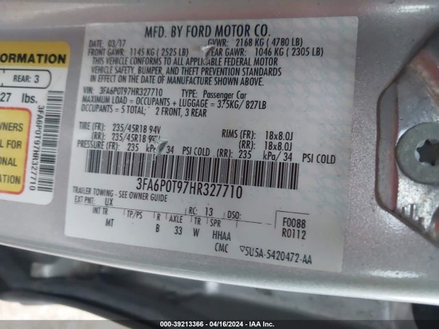 Ford FUSION SE 2017 3FA6P0T97HR327710 Image 9
