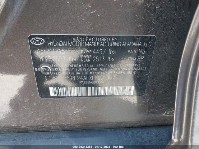 Hyundai SONATA SE 2015 5NPE24AFXFH221367 Image 9