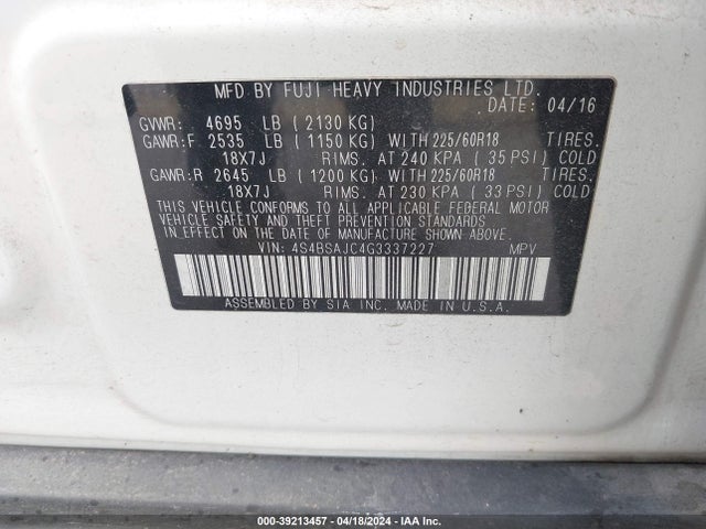 Subaru Outback 2.5i Limited 2016 4S4BSAJC4G3337227 Image 9