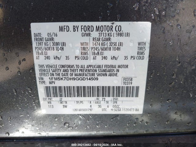 Ford EXPLORER XLT 2016 1FM5K7DH9GGD14509 Image 9