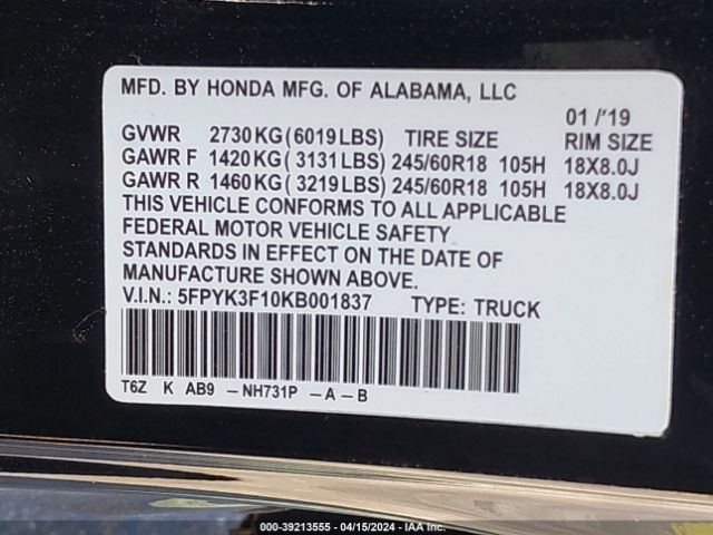 5FPYK3F10KB001837 Honda Ridgeline Sport