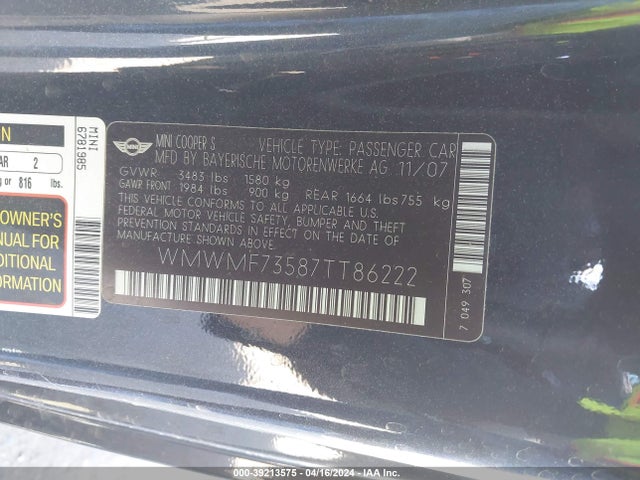2007 MINI COOPER S WMWMF73587TT86222 Photo 8