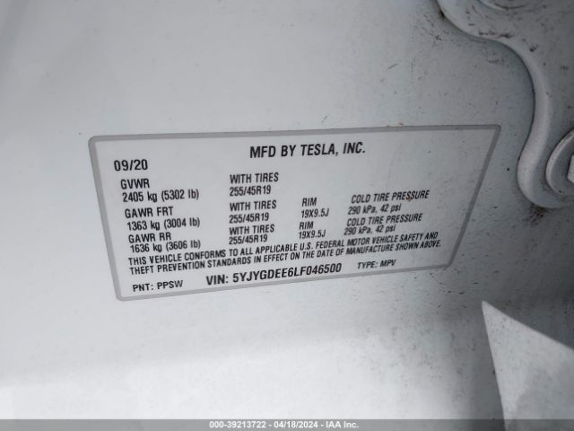 5YJYGDEE6LF046500 Tesla Model Y Long Range Dual Motor All-wheel Drive