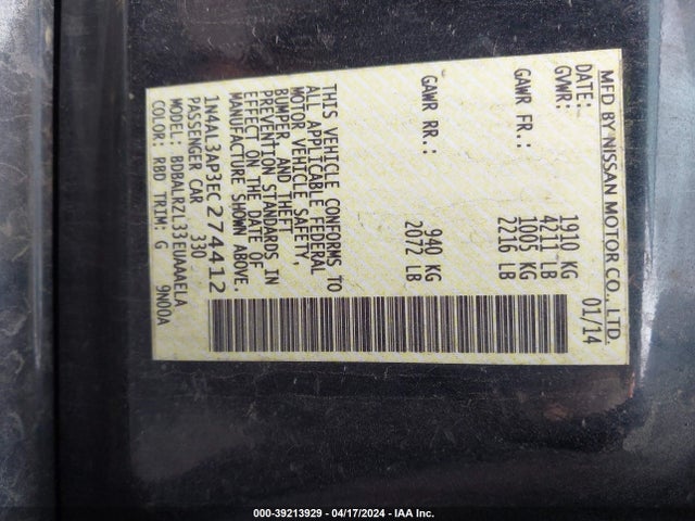 Nissan Altima 2.5 S 2014 1N4AL3AP3EC274412 Image 9
