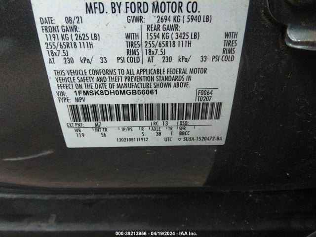1FMSK8DH0MGB66061 Ford EXPLORER XLT
