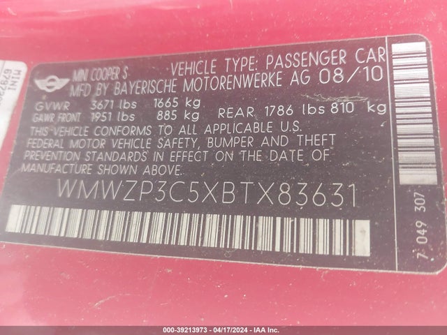 2011 MINI COOPER S WMWZP3C5XBTX83631 Photo 8