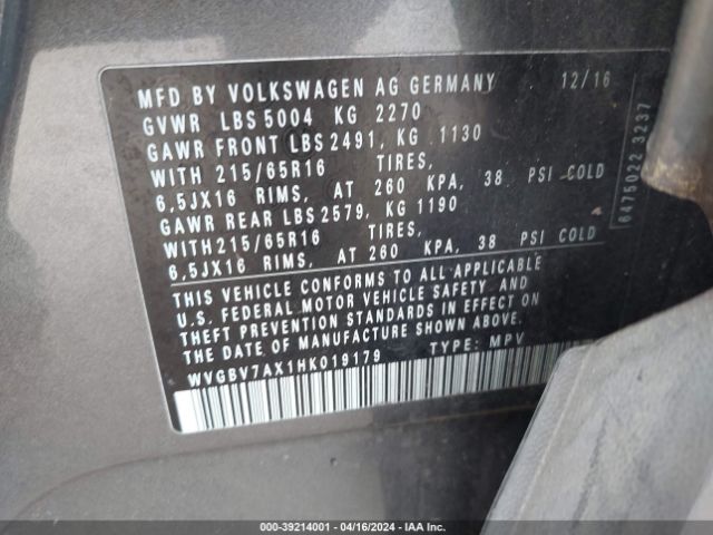 WVGBV7AX1HK019179 Volkswagen Tiguan 2.0t/2.0t S