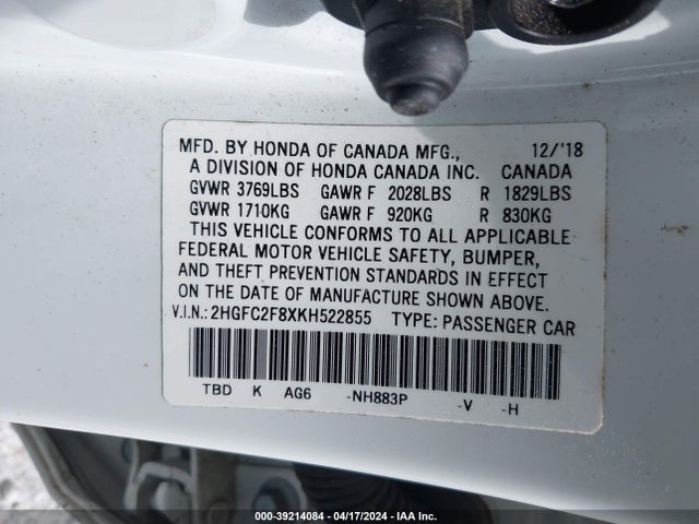 Honda Civic Sport 2019 2HGFC2F8XKH522855 Image 9