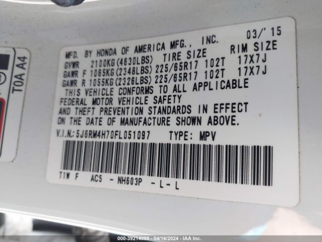 5J6RM4H70FL051097 Honda Cr-v Ex-l
