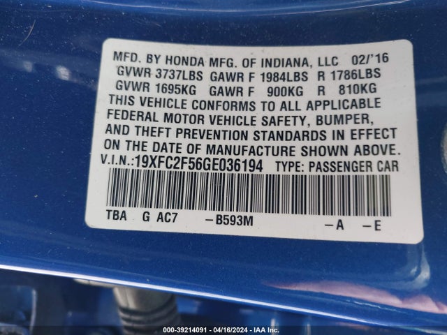 Honda Civic Lx 2016 19XFC2F56GE036194 Image 9
