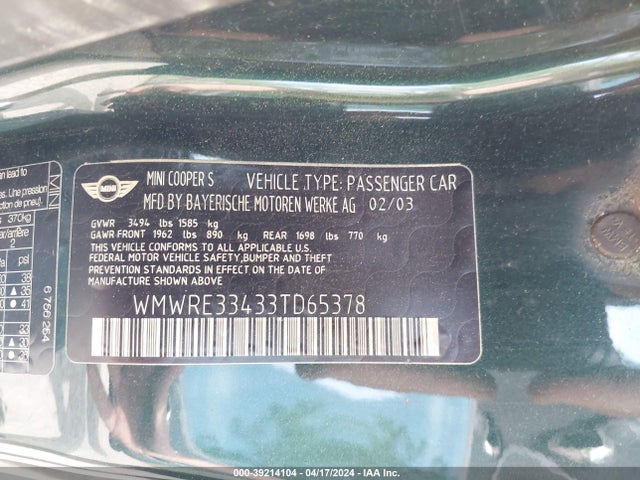 2003 MINI COOPER S WMWRE33433TD65378 Photo 8