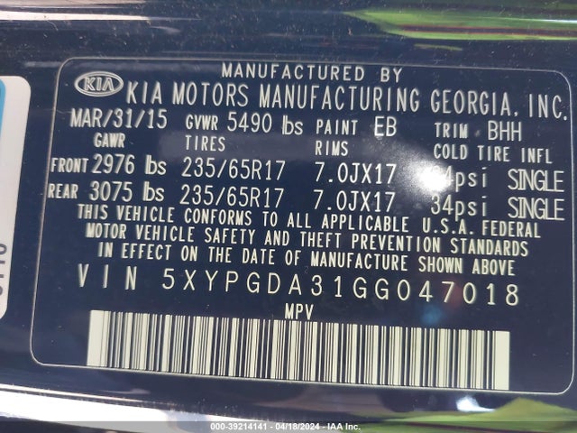 KIA Sorento 2.4l Lx 2016 5XYPGDA31GG047018 Image 9