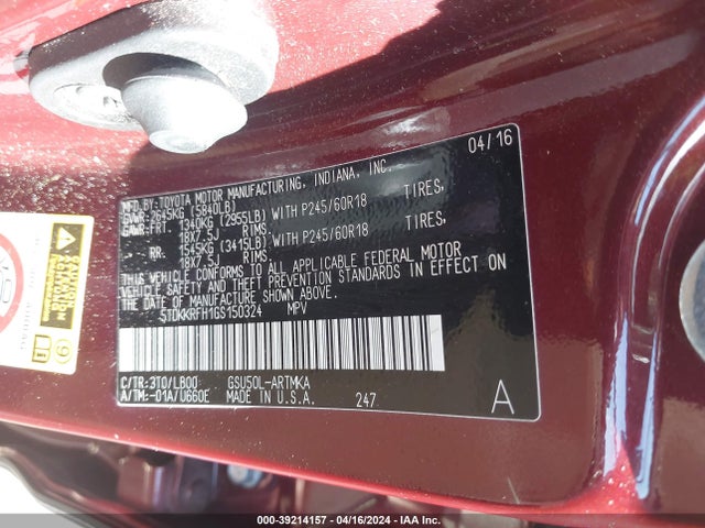 Toyota Highlander Xle V6 2016 5TDKKRFH1GS150324 Image 9
