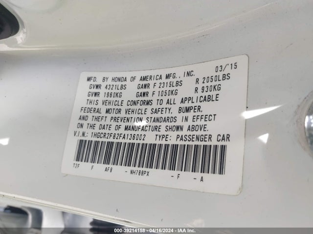 Honda Accord Ex-l 2015 1HGCR2F82FA136002 Image 9