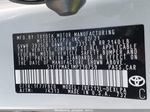 Toyota COROLLA LE 2021 5YFEPMAE1MP216759 Image 9