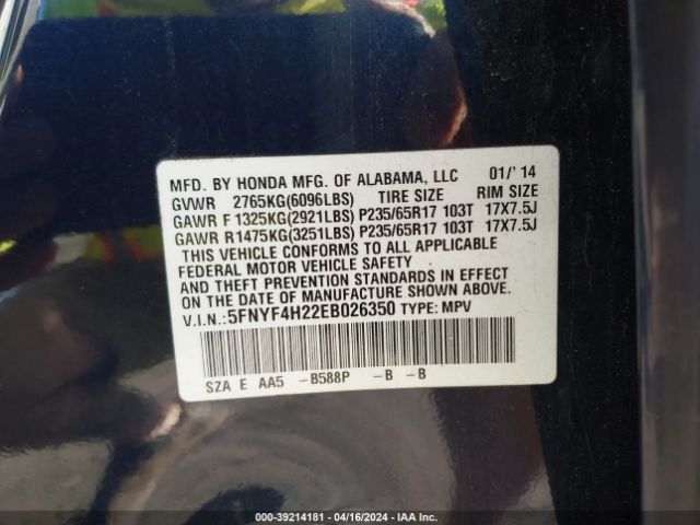 5FNYF4H22EB026350 Honda PILOT LX