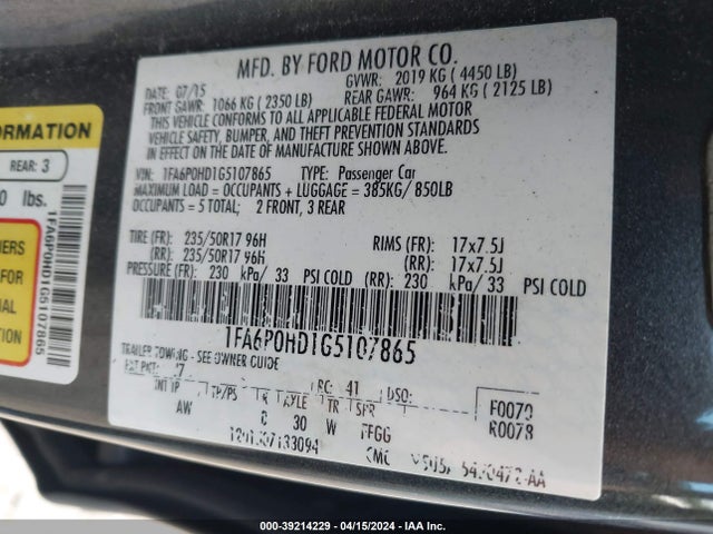Ford FUSION SE 2016 1FA6P0HD1G5107865 Image 9