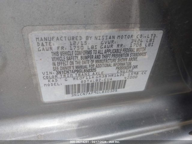 3N1CN7AP9GL850325 Nissan Versa 1.6 S/1.6 S+/1.6 Sl/1.6 Sv
