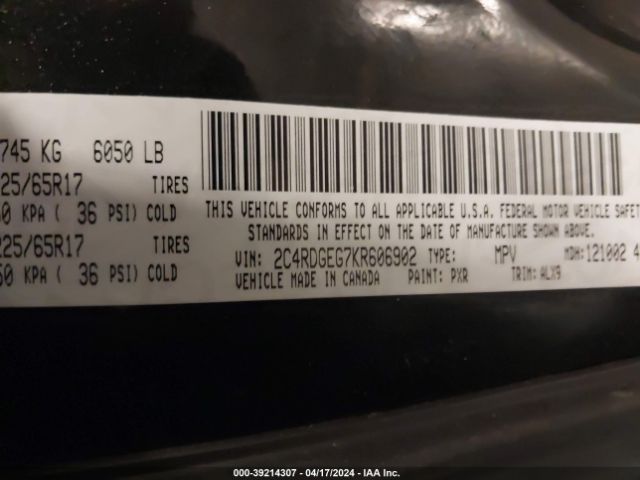 2C4RDGEG7KR606902 Dodge Grand Caravan Gt