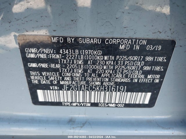 JF2GTAEC5KH316191 Subaru Crosstrek 2.0i Premium