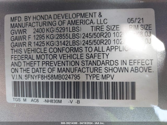 Honda Passport Awd Ex-l 2021 5FNYF8H58MB024795 Image 9