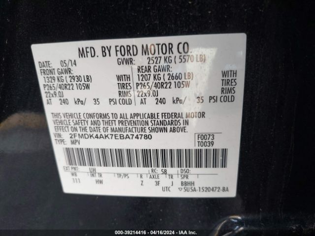 2FMDK4AK7EBA74780 Ford EDGE SPORT