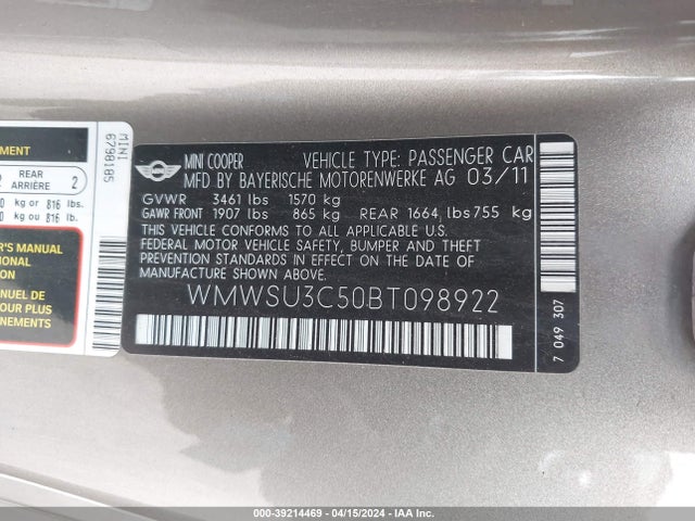 2011 MINI COOPER WMWSU3C50BT098922 Photo 8