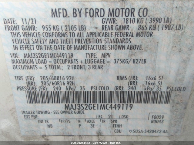 MAJ3S2GE1MC449119 Ford Ecosport Se